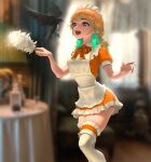  1girl :d alternate_costume apron blurry blurry_background blush bow bowtie breasts contrapposto depth_of_field dress earrings feather_earrings feathers frills gradient_hair green_hair highres holding hololive hololive_english holomyth indoors infi jewelry large_breasts long_hair looking_at_viewer maid maid_apron maid_headdress multicolored_hair open_mouth orange_hair puffy_short_sleeves puffy_sleeves purple_eyes short_sleeves skirt smile solo takanashi_kiara thighhighs virtual_youtuber zettai_ryouiki 