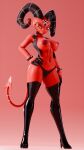  3d_(artwork) absurd_res anthro barbie_(helluva_boss) big_breasts birthmark breasts clothed clothing demon digital_media_(artwork) fangs female helluva_boss hi_res horn imp markings nipples open_mouth panties partially_clothed red_body simple_background solo tail teeth thick_thighs underwear valorlynz 