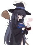  1girl alternate_costume bags_under_eyes black_hair blue_archive blue_eyes book broom crossed_bangs hair_between_eyes halo hat heart highres kyarupunch long_hair potion robe ui_(blue_archive) witch witch_hat 