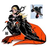  1girl animal bird black_feathers black_wings blonde_hair blue_eyes bxnke centauroid chimera claws cosplay dragon_girl dungeon_meshi english_commentary falin_touden falin_touden_(chimera) falin_touden_(chimera)_(cosplay) feathered_wings feathers hands_up highres holding holding_staff juliet_sleeves long_hair long_sleeves looking_at_viewer marcille_donato marcille_donato_(lord) monster_girl monsterification off_shoulder parted_lips puffy_sleeves reference_inset simple_background sitting solo spoilers staff sweat taur veil white_background wings 