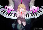  1girl absurdres ahoge akamatsu_kaede backpack bag bear black_background blonde_hair blood blood_on_hands breasts chinese_commentary clenched_teeth commentary_request danganronpa_(series) danganronpa_v3:_killing_harmony execution full_body hair_ornament hands_on_own_neck head_out_of_frame highres instrument kneeling long_hair long_sleeves looking_at_viewer manman_guo_guowang miniskirt monokuma multiple_views music musical_note musical_note_hair_ornament musical_note_print necktie noose pink_blood pink_vest playing_instrument playing_piano pleated_skirt purple_eyes purple_skirt red_necktie shirt skirt spoilers sweat sweater_vest teeth upper_body v-neck vest weibo_watermark white_shirt 