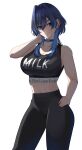 1girl abs absurdres alternate_costume bare_arms bare_shoulders black_pants black_sports_bra blue_choker blue_eyes blue_gemstone blue_hair breasts choker cleavage clothes_writing commentary cowboy_shot ear_piercing earclip earrings eipanguino english_commentary english_text gem hair_between_eyes hair_intakes hand_in_own_hair hand_on_own_hip heart-shaped_gem highres hololive hololive_english jewelry large_breasts long_hair looking_at_viewer midriff navel ouro_kronii pants parted_lips piercing simple_background smile solo sports_bra standing teeth toned virtual_youtuber white_background wolf_cut yoga_pants 