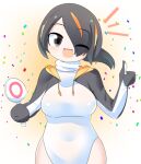  1girl black_eyes black_hair black_jacket blush breasts candy commentary_request confetti covered_navel cowboy_shot emperor_penguin_(kemono_friends) food hair_between_eyes hair_over_one_eye holding holding_candy holding_food holding_lollipop jacket kemono_friends large_breasts leotard lets0020 lollipop long_bangs looking_at_viewer multicolored_hair notice_lines one_eye_closed orange_hair short_hair shrug_(clothing) smile solo thumbs_up white_leotard 