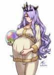  1girl breasts camilla_(fire_emblem) closed_mouth cowboy_shot fire_emblem fire_emblem_fates hair_over_one_eye highres jewelry ko-fi_commission large_breasts long_hair long_sleeves orb pajamas pregnant purple_eyes purple_hair purple_nails ring rotomdocs signature simple_background smile solo tiara twitter_username wavy_hair wedding_ring white_background 