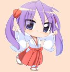  1girl arms_up blue_eyes blush bow brown_footwear chibi clenched_hands closed_mouth commentary_request full_body hair_bow hakama hakama_skirt hiiragi_kagami japanese_clothes lets0020 long_hair long_sleeves looking_at_viewer lucky_star medium_bangs miko pink_background purple_hair red_bow red_skirt sandals shirt simple_background skirt smile socks solo tabi twintails v-shaped_eyebrows white_shirt white_socks wide_sleeves zouri 