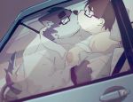  2020 anthro canid canine car clothing dumdum duo eyes_closed eyewear glasses hi_res human humanoid_hands inside_car kemono kissing male male/male mammal moobs nipples overweight overweight_male shirt topwear undressing vehicle 