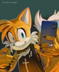  anthro canid canine cellphone claws clothing collar dipstick_tail electronics fox fur heterochromia holding_cellphone holding_object holding_phone male mammal markings miles_prower phone sega selfie signature simple_background smile solo sonic_the_hedgehog_(series) spiked_collar spikes tail tail_markings totesfleisch8 white_body white_fur yellow_body yellow_fur 
