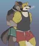  anthro bodily_fluids breath bulge canid canine canis clothing collar cooper_krager duo hands_behind_back hi_res horrorbuns male male/male mammal patsy_(remember_the_flowers) remember_the_flowers scar shirt sweat tail tank_top topwear wolf wrestling 
