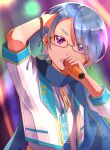  1boy blue_hair blurry blurry_background glasses highres holding holding_microphone indie_virtual_youtuber izumi_keika izumi_keika_(character) jacket looking_at_viewer male_focus microphone open_mouth purple_eyes shirt short_hair short_sleeves solo upper_body virtual_youtuber white_jacket white_shirt 