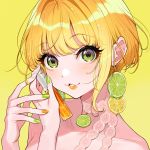  1girl bangs bare_shoulders blonde_hair collarbone commentary_request earrings eyebrows_visible_through_hair food fruit green_eyes green_nails highres holding holding_weapon idolmaster idolmaster_cinderella_girls jewelry lemon lemon_slice lime_slice looking_at_viewer miyamoto_frederica nail_polish orange_nails parted_lips short_hair sidelocks simple_background smile solo weapon yellow_background yuu_(higashi_no_penguin) 