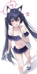  1girl anger_vein animal_ear_fluff animal_ears bag_(chrko_bag) bikini bikini_skirt black_bikini black_hair blue_archive blue_ribbon cat_ears fang foot_out_of_frame hair_between_eyes hair_ribbon halo highres long_hair looking_at_viewer open_mouth red_eyes red_halo ribbon sandals serika_(blue_archive) serika_(swimsuit)_(blue_archive) simple_background solo standing swimsuit twintails very_long_hair white_background 