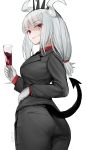  1girl alcohol ass black_jacket black_neckwear black_pants black_tail breasts business_suit collared_shirt cup demon_girl demon_horns demon_tail drinking_glass eyebrows_visible_through_hair formal gloves hair_ornament hand_on_hip helltaker highres holding holding_cup horns jacket long_hair long_sleeves looking_at_viewer looking_back lucifer_(helltaker) medium_breasts mole mole_under_eye monster_girl necktie neckwear nyatabe pants red_eyes red_shirt shirt simple_background smile smirk solo suit tail upper_body very_long_hair white_background white_gloves white_hair white_horns wine wine_glass 
