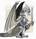 ambiguous_gender armor belt border breastplate chainmail claws dragon european_mythology feral finger_claws grey_body grey_scales hacony headgear helmet hi_res holding_melee_weapon holding_object holding_sword holding_weapon horn long_neck melee_weapon membrane_(anatomy) membranous_wings mythological_creature mythological_scalie mythology pauldron quadruped scales scalie shaded shin_guards signature simple_background sitting snout solo sword tail tan_background toe_claws weapon western_dragon white_border wing_armor wing_claws wings