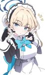 1girl black_gloves blonde_hair blue_archive blue_eyes duplicate fingerless_gloves gloves ixy looking_at_viewer maid short_hair simple_background solo toki_(blue_archive) upper_body v white_background 