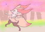  1girl animal_ear_fluff animal_ears animal_feet animal_nose arms_up braixen cherry_blossoms commentary_request day fang flat_color fox_ears fox_girl fox_tail from_side full_body furry furry_female gardear058 happy jaggy_lines motion_lines open_mouth outdoors petals pokemon pokemon_(creature) red_eyes running smile snout solo stick tail tree 