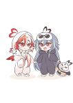  2girls :d animal_slippers blush_stickers chibi closed_mouth commentary eye_mask fu_hua fu_hua_(fenghuang_of_vicissitude) fu_hua_(herrscher_of_sentience) highres holding_hands honkai_(series) honkai_impact_3rd hood hood_down hood_up jingwei_(bird) long_hair long_sleeves mask mask_on_head multicolored_hair multiple_girls o_(ululuo00) onesie puffy_long_sleeves puffy_sleeves red_eyes red_hair shadow simple_background slippers smile standing two-tone_hair very_long_hair white_background white_footwear white_hair 