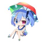  1girl anklet black_bow blue_eyes blue_hair blue_sailor_collar blue_skirt bow breasts character_request chibi cleavage closed_mouth commentary_request expressionless full_body hair_between_eyes hair_bow heterochromia holding holding_umbrella hop_step_jumpers jewelry large_breasts lets0020 looking_at_viewer medium_bangs multicolored_umbrella one_side_up pink_eyes sailor_collar sandals short_hair simple_background sitting skirt solo transparent_background umbrella white_footwear 
