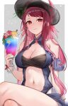  1girl bandeau bare_shoulders black_hat blue_one-piece_swimsuit breasts cleavage cup drinking_glass drinking_straw fire_emblem fire_emblem_engage fire_emblem_heroes haru_(nakajou-28) hat highres holding holding_cup ivy_(fire_emblem) ivy_(summer)_(fire_emblem) large_breasts long_hair looking_at_viewer mole mole_under_mouth navel official_alternate_costume one-piece_swimsuit purple_eyes purple_hair sitting smile solo stomach swimsuit thighs very_long_hair 
