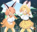  3girls animal_ear_fluff animal_ears animal_print belt blonde_hair blue_sky blush bow bowtie breasts brown_belt caracal_(kemono_friends) cat_ears cat_girl cat_tail center_frills closed_eyes commentary_request day elbow_gloves eyes_visible_through_hair feet_out_of_frame forest frills gloves green_hair hair_between_eyes kemono_friends kemono_friends_r large_breasts leopard_print lets0020 looking_at_viewer medium_bangs multiple_girls nature open_mouth orange_bow orange_bowtie orange_gloves orange_skirt pink_hair print_skirt print_thighhighs serval_(kemono_friends) shirt short_hair skirt sky sleeveless sleeveless_shirt standing tail thighhighs tomoe_(kemono_friends)_(niconico88059799) white_belt white_gloves white_shirt yellow_thighhighs 