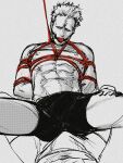  2boys abs arms_behind_back bad_id bad_twitter_id ball_gag bara bdsm boku_no_hero_academia bound boxers bulge bulge_to_ass cowboy_shot gag gagged greyscale highres male_focus male_underwear monochrome multiple_boys navel nipples pectorals red_rope rope shibari short_hair smokerichi solo_focus spot_color spread_legs thighs toned twice_(boku_no_hero_academia) underwear unfinished 