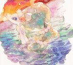  closed_mouth from_side no_humans oharu-chan outdoors painting_(medium) partially_submerged pokemon pokemon_(creature) primarina sky smile sparkle traditional_media twilight water watercolor_(medium) 