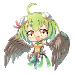  1girl :d ahoge bird_legs breasts brown_wings character_request chibi clothing_cutout commentary_request feathered_wings full_body green_hair harpy hop_step_jumpers leotard lets0020 looking_at_viewer medium_bangs monster_girl navel navel_cutout open_mouth short_hair sideless_outfit simple_background small_breasts smile solo teeth transparent_background upper_teeth_only wings yellow_eyes yellow_leotard 