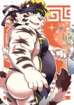  2020 absurd_res anthro apron blush bulge butt clothing cooking cute_fangs felid fur hi_res humanoid_hands kemono licho_(tas) male mammal overweight overweight_male pantherine pink_nose ptcmtr solo tiger tokyo_afterschool_summoners video_games white_body white_fur 