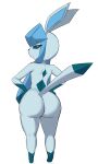  2024 anthro anthrofied bangs big_butt biped blue_body blue_sclera butt butt_focus eeveelution female full-length_portrait generation_4_pokemon glaceon hand_on_hip hi_res looking_at_viewer looking_back looking_back_at_viewer narrowed_eyes nintendo nude pokemon pokemon_(species) pokemorph portrait rear_view short side_bangs simple_background solo standing tail white_background white_eyes wide_hips wozzu1 