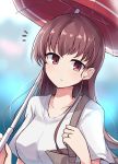  /\/\/\ 1girl bag blouse blurry blurry_background brown_eyes brown_hair collarbone commentary_request highres jewelry kantai_collection long_hair looking_at_viewer ooi_(kantai_collection) red_umbrella ring solo soramuko umbrella upper_body wedding_band white_blouse 
