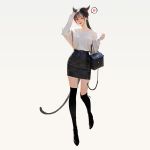  1girl ;) absurdres animal_ears bag bangs black_skirt brown_eyes brown_hair cat_ears cat_girl cat_tail closed_mouth copyright_request handbag highres lipstick long_sleeves looking_at_viewer makeup miniskirt one_eye_closed shirt shoes simple_background skirt sleeves_past_wrists smile spoken_paw tail thighhighs white_background white_shirt wonbin_lee 
