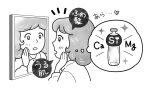  1girl blush bottle collared_shirt cropped_torso eyelashes greyscale hand_on_own_face kubotateru long_sleeves looking_at_mirror mirror monochrome open_mouth original shirt short_hair simple_background sparkle speech_bubble thought_bubble translation_request 
