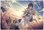  1girl backlighting bird blurry blurry_foreground brown_eyes brown_hair closed_mouth cloud commentary dress eagle english_text flower highres holding holding_wheat long_hair looking_at_viewer original outdoors solo tena_(tenor_07209) wheat wheat_field white_dress white_flower 