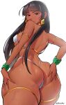  1girl absurdres alternate_costume ass ass_focus aztec bikini black_hair bracelet breasts chel_(the_road_to_el_dorado) choker dark-skinned_female dark_skin dracksart earrings gold_choker gold_jewelry hand_on_own_hip highres huge_ass jewelry long_hair looking_at_viewer looking_back revealing_clothes signature simple_background skindentation solo standing swimsuit the_road_to_el_dorado thick_thighs thighs wet white_background white_bikini 