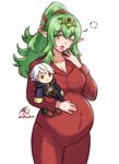  1girl ;o breasts character_doll cleavage cowboy_shot fire_emblem fire_emblem_awakening green_eyes green_hair hair_ornament hair_ribbon hand_on_own_stomach highres ko-fi_commission large_breasts long_hair long_sleeves one_eye_closed pajamas pointy_ears ponytail pregnant red_pajamas red_ribbon ribbon robin_(fire_emblem) robin_(male)_(fire_emblem) rotomdocs solo squeans tiara tiki_(adult)_(fire_emblem) tiki_(fire_emblem) yawning 