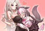 2girls ahoge animal_ear_fluff animal_ears between_breasts black_bow black_dress black_footwear black_skirt blue_eyes blush bow bowtie breasts brown_hair dress gotica grey_hair hair_bow hand_on_another&#039;s_head head_between_breasts heart highres hug jacket jewelry large_breasts lee_rein long_hair low_twintails mole mole_under_eye motion_lines multicolored_footwear multicolored_hair multiple_girls nana_ring necklace open_clothes open_jacket open_mouth pink_bow pink_bowtie pink_footwear pink_hair pink_skirt pink_socks pink_sweater_vest plaid plaid_skirt shirt skirt socks strap_slip sweater_vest tail tongue twintails virtual_youtuber vlyz white_bow white_footwear white_hair white_jacket white_shirt yuri 