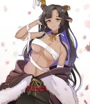  1girl absurdres animal_ears bare_shoulders black_hair breasts broken_horn chest_sarashi collarbone commentary detached_collar earrings fur_trim guardian_tales hand_in_own_hair highres horn_huntress_toga horns jewelry large_breasts linea_alba long_hair looking_at_viewer navel orange_eyes sarashi scar scar_on_cheek scar_on_face scar_on_stomach single_earring solo symbol-only_commentary very_long_hair zriel 