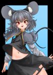  1girl absurdres animal_ear_fluff animal_ears artist_request black_border black_shirt black_skirt blue_background border capelet commission grey_capelet grey_hair highres long_sleeves looking_at_viewer midriff mouse_ears mouse_girl mouse_tail navel nazrin red_eyes second-party_source shirt short_hair skirt solo tail touhou 