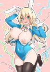  1girl animal_ears atago_(kancolle) black_thighhighs blonde_hair blush breasts cleavage fake_animal_ears fake_tail furaggu_(frag_0416) gloves green_eyes groin hair_between_eyes highres kantai_collection large_breasts long_hair long_sleeves nipples open_mouth outline pink_background rabbit_ears rabbit_tail simple_background solo tail thighhighs white_gloves white_outline 