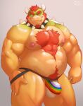  2024 5_fingers anthro beard bin_(artist) body_hair bowser bulge chest_hair clothing collar facial_hair fingers green_body green_scales hair hi_res horn jockstrap koopa lgbt_pride looking_at_viewer male mario_bros musclegut muscular muscular_male nintendo nipples pride_colors red_eyes red_hair scales scalie signature smile solo spiked_collar spikes standing tan_body tan_scales thick_thighs underwear 