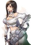  1girl black_hair blush breasts cleavage commentary earrings english_commentary feather_earrings feathers final_fantasy final_fantasy_vii final_fantasy_vii_ever_crisis final_fantasy_vii_remake fingerless_gloves gloves hand_on_own_hip highres jewelry large_breasts lips long_hair lukrevadraws midriff navel official_alternate_costume open_mouth pink_lips plackart red_eyes simple_background smile solo stomach swept_bangs teeth tifa_lockhart tifa_lockhart_(feather_style) upper_teeth_only very_long_hair white_background white_feathers white_gloves 