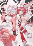  2girls :3 ahoge bracelet breasts clothing_cutout collar dress dual_persona elphelt_valentine fingerless_gloves gloves grey_hair guilty_gear guilty_gear_strive guilty_gear_xrd hairband hat highres holding_hands huge_ahoge interlocked_fingers jacket jewelry large_breasts multiple_girls open_mouth pink_hair pink_hairband pink_jacket short_hair shoulder-to-shoulder smile spiked_bracelet spiked_collar spiked_hairband spiked_jacket spikes split_mouth strail_cycleman teeth thighhighs upper_teeth_only v white_dress 