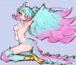  1girl ahoge armpits arms_up artist_name ass bird_legs bird_tail blue_hair blue_panties blue_wings blush breasts chaosferret commentary english_commentary medium_breasts monster_girl mouth_hold multicolored_hair nipples original panties pink_hair pink_tail pink_wings simple_background solo tail talons two-tone_hair two-tone_tail two-tone_wings underwear unworn_shirt wings 
