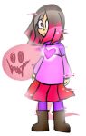  1girl akumu_(glitchtale) bete_noire boots brown_hair glitchtale non-web_source pink_eyes pink_hair pink_shirt purple_shirt shirt short_hair skirt solo source_request white_background 