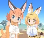  2girls :3 animal_ear_fluff animal_ears animal_print blonde_hair blue_eyes blue_sky bow bowtie breasts caracal_(kemono_friends) cat_ears cat_girl cat_tail center_frills clear_sky closed_mouth commentary_request cowboy_shot day elbow_gloves frilled_shirt frills gloves horizon kemono_friends large_breasts leopard_print lets0020 looking_at_viewer medium_bangs mountainous_horizon multiple_girls open_mouth orange_bow orange_bowtie orange_gloves orange_skirt outdoors pink_hair print_bow print_bowtie serval_(kemono_friends) shirt short_hair sidelocks skirt sky sleeveless sleeveless_shirt smile tail tree white_shirt yellow_eyes yellow_skirt 