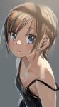  1girl bare_shoulders black_camisole blue_eyes blush brown_hair camisole flat_chest grey_background kerorira looking_at_viewer original parted_lips short_hair simple_background sketch solo strap_slip upper_body 
