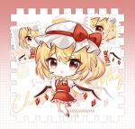  1girl ascot bat_wings blonde_hair chibi crystal flandre_scarlet hat hat_ribbon highres mob_cap multicolored_wings one_side_up puffy_short_sleeves puffy_sleeves red_eyes red_skirt red_vest ribbon short_sleeves side_ponytail skirt skirt_set touhou vest white_hat wings xingguang115 yellow_ascot 