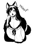 1girl animal_ear_fluff animal_ears blush breasts commentary_request dress full_body high_contrast highres himajin_noizu imaizumi_kagerou large_breasts long_hair long_sleeves looking_at_viewer monochrome open_mouth simple_background solo tail touhou wolf_ears wolf_girl wolf_tail 