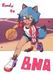  anthro ball basketball_(ball) black_body black_fur black_hair black_nose blue_body blue_eyes blue_fur blue_hair brand_new_animal brown_body brown_fur canid canine clothed clothing cute_fangs dai_gazacy female fluffy fluffy_tail footwear fur hair hi_res jacket kemono looking_at_viewer mammal michiru_kagemori multicolored_body multicolored_fur multicolored_hair open_jacket open_mouth open_smile raccoon_dog shoes short_hair smile solo studio_trigger tanuki topwear 