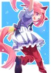  1girl absurdres animal_ears arm_up back_bow blue_background border bow brown_footwear commentary_request ear_bow ear_covers flower-shaped_pupils freely2327 hairband haru_urara_(umamusume) highres horse_ears horse_girl horse_tail loafers long_hair open_mouth outside_border pants pink_eyes pink_hair pink_hairband ponytail puffy_short_sleeves puffy_sleeves purple_bow purple_shirt red_pants round_teeth school_uniform shirt shoes short_sleeves simple_background skirt smile solo standing standing_on_one_leg summer_uniform symbol-shaped_pupils tail tail_through_clothes teeth tracen_school_uniform track_pants umamusume upper_teeth_only white_border white_bow 