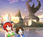 1girl 2boys :3 abs animal_ears arms_up bikini blue_eyes blue_shirt blue_sky breasts character_request closed_mouth cloud collared_shirt commentary_request empty_eyes flower giant giant_male green_bikini grin hair_between_eyes hibiscus hishou_no_sora hop_step_jumpers island large_breasts lets0020 medium_bangs mohawk mountain multiple_boys muscular muscular_male open_mouth orange_flower outdoors pectorals rabbit_ears rabbit_girl red_eyes red_hair shirt short_hair sky smile sun sunset swimsuit upper_body 